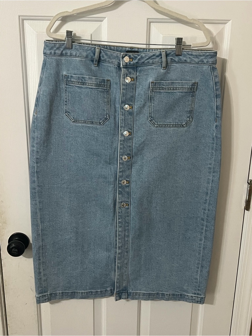 Ann Taylor Blue Jean Denim Button-Down Midi Pencil Skirt Sz14 Biz Casual Women